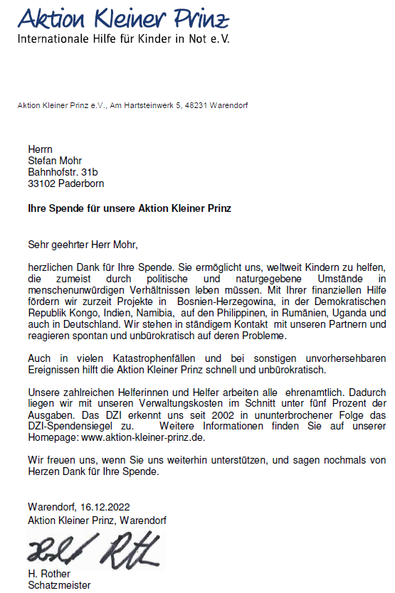 Aktion Kleiner Prinz Spende: ITC unterstützt Kinder in Not mit 2.000 EUR